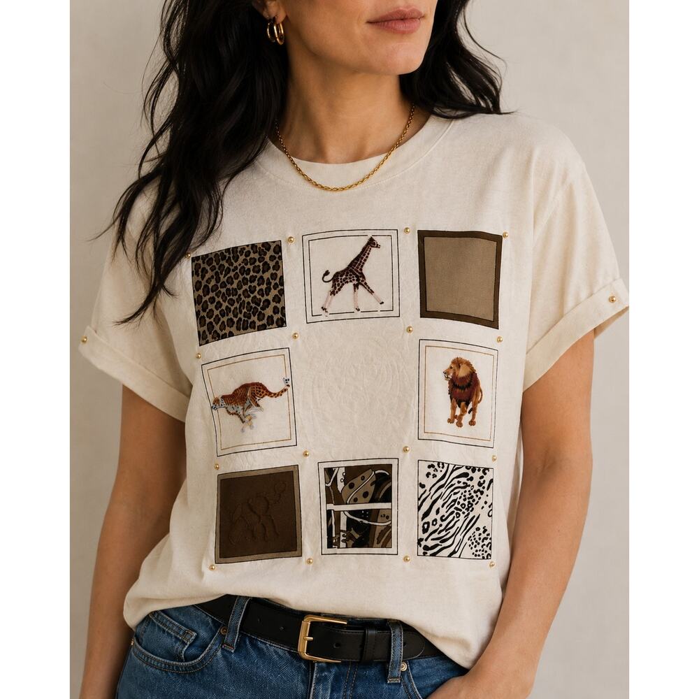 Vtg 90s Petite Sophisticate Safari Animal Alphabet Tee Shirt SP USA Embroidered